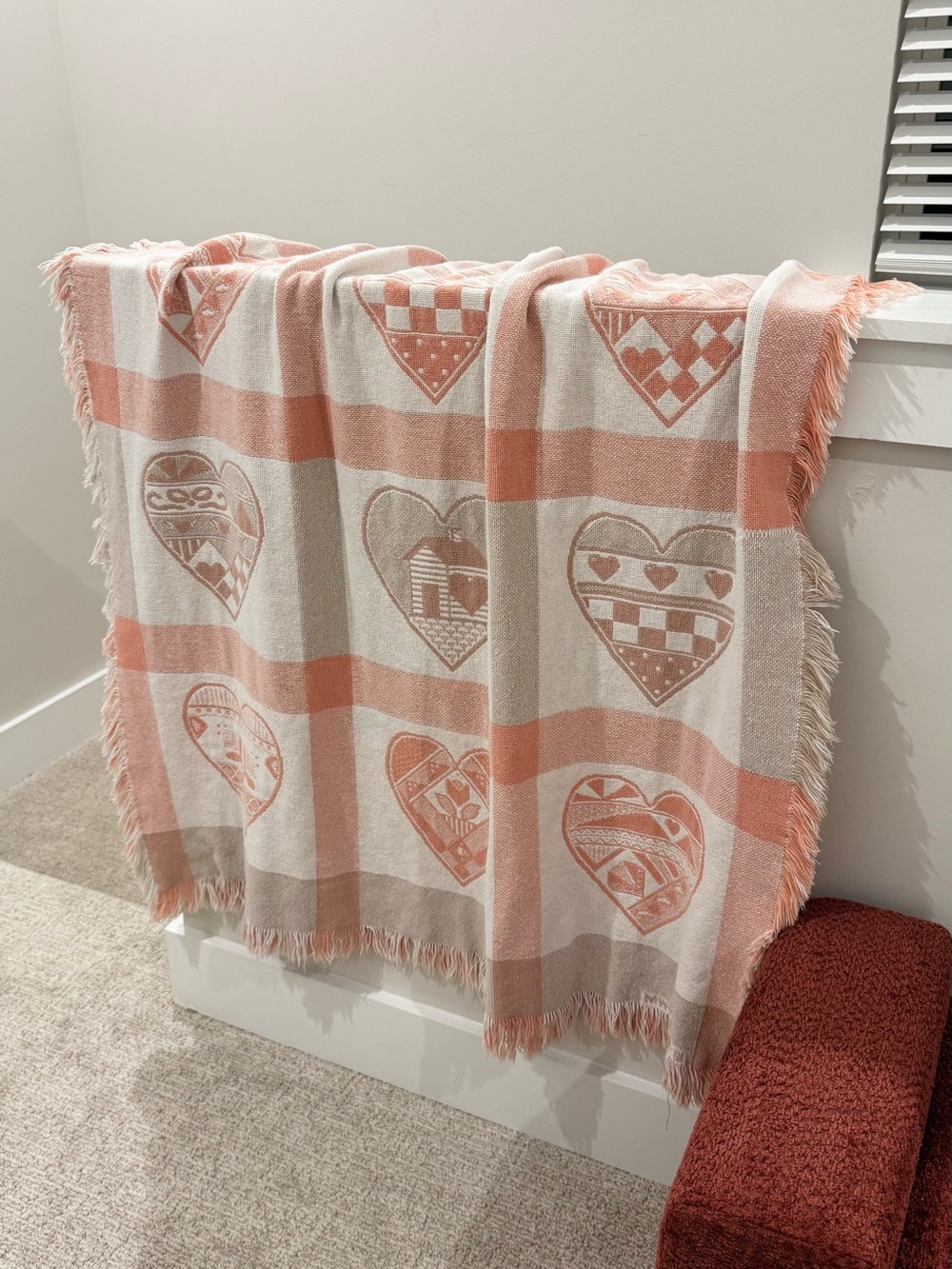 Manual Woodworkers & Weavers • Vintage 1992 Heart Sampler Tapestry Knit Blanket